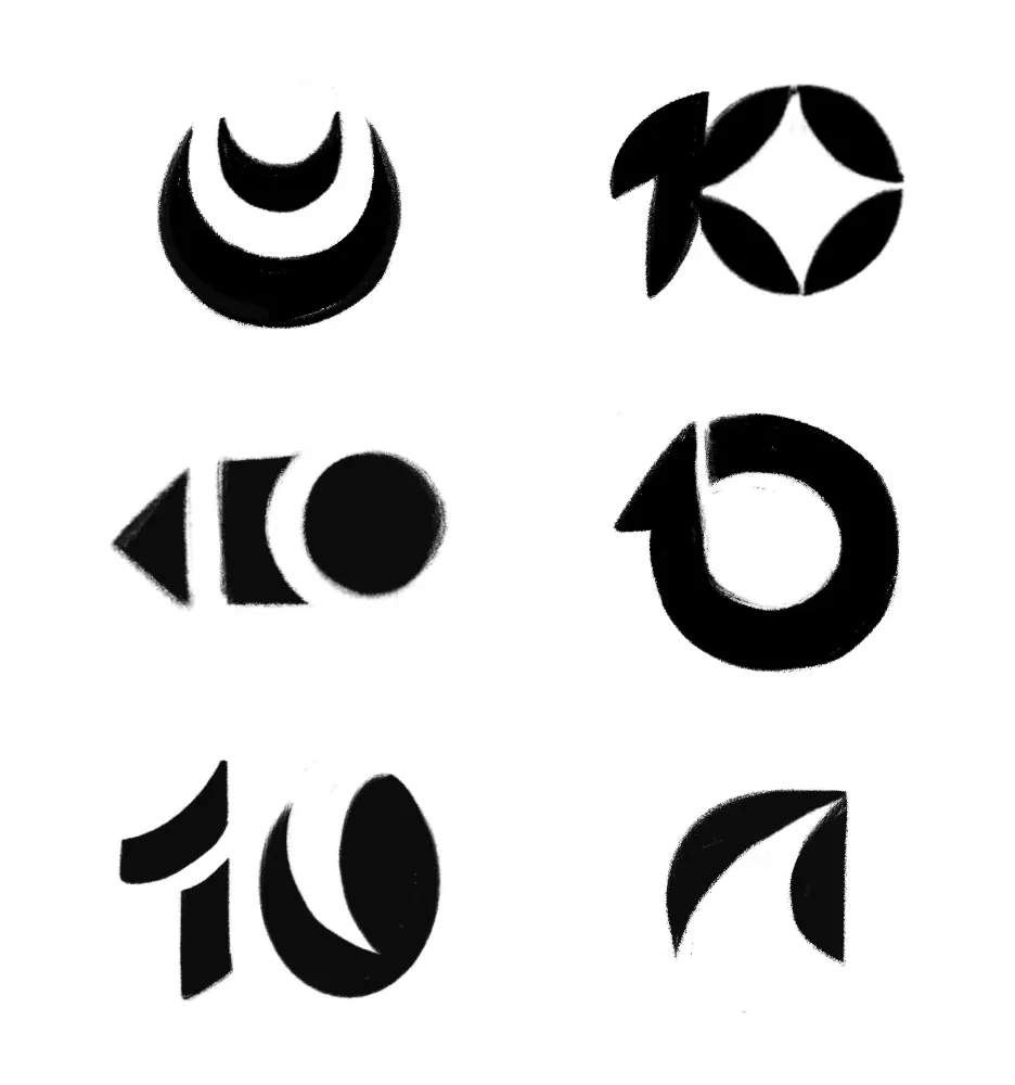 Hand-drawn Gova10 logo sketches in black marker: the name stacked as GO VA 10, set inside circles and badges, split into G and 10, and early versions of a 1 inside a 0; beside them two columns of icon ideas: a G, a crescent, a cube, split and bracketed zeros, arrows inside rings, and a 1 set against a 0